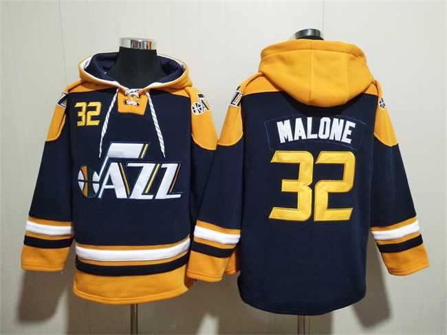 Men's Utah Jazz #32 Karl Malone Navy Yellow Lace-Up Pullover Hoodie,We sell and wholesale Men's Utah Jazz #32 Karl Malone Navy Yellow Lace-Up Pullover Hoodie on line form chian!